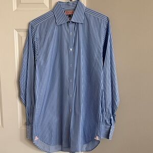 Thomas Pink Light Blue Navy Striped Dress Shirt